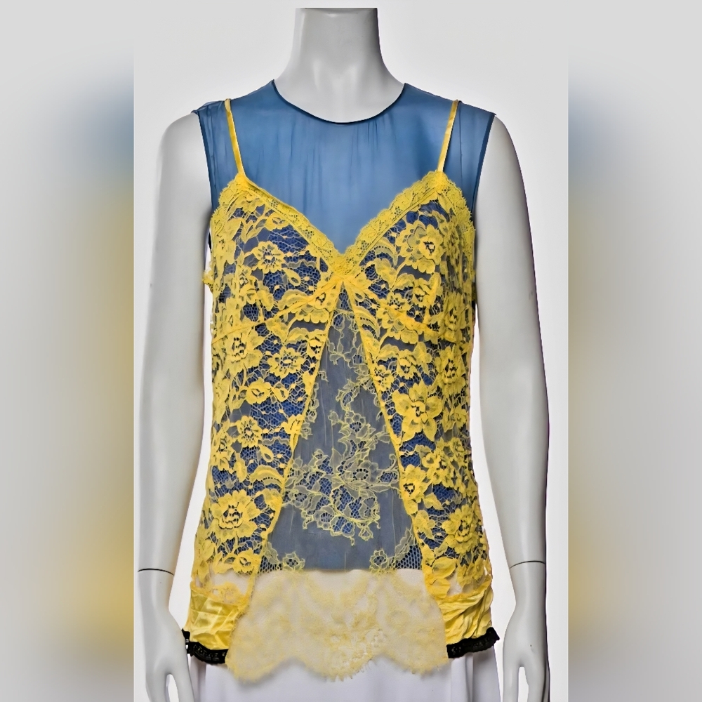 Altuzzara Silk Top Yellow Lace Overlay Blue Camisole M